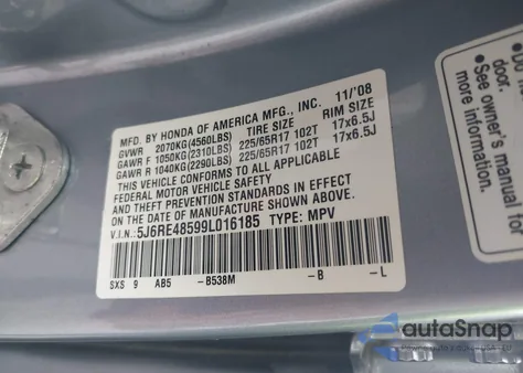 2009 Honda Cr-V Ex из США, поврежденный, VIN 5J6RE48599L016185